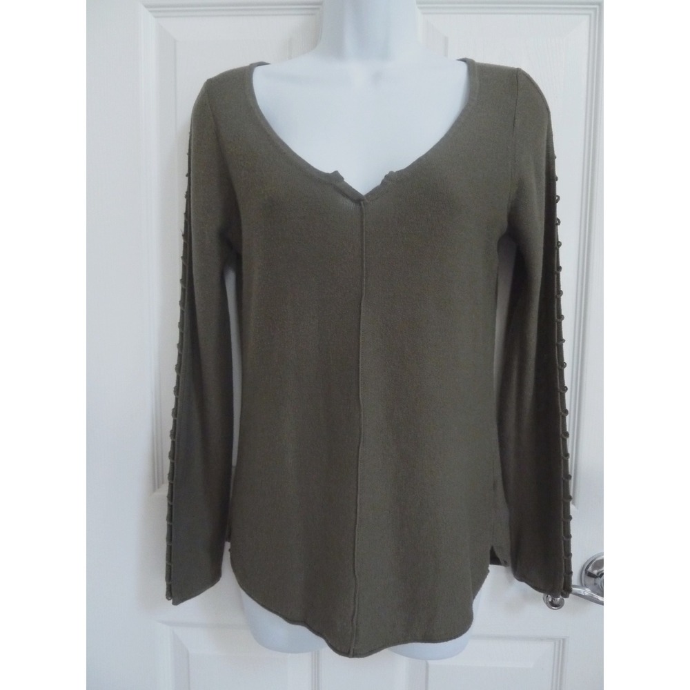 Venus Women Slit Sleeve V-Neck Sweater Avocado Green Center Seam Pullover Med